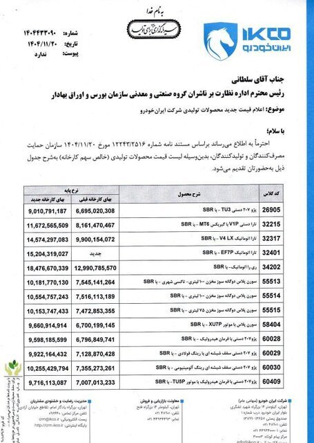 اعلام قیمت جدید کارخانه‌ای محصولات ایران خودرو