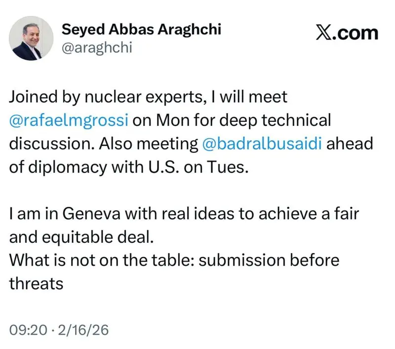 پیام مهم عراقچی درباره مذاکرات: با ابتکارات واقعی به ژنو آمادهام پیام مهم عراقچی درباره مذاکرات: با ابتکارات واقعی به ژنو آمادهام