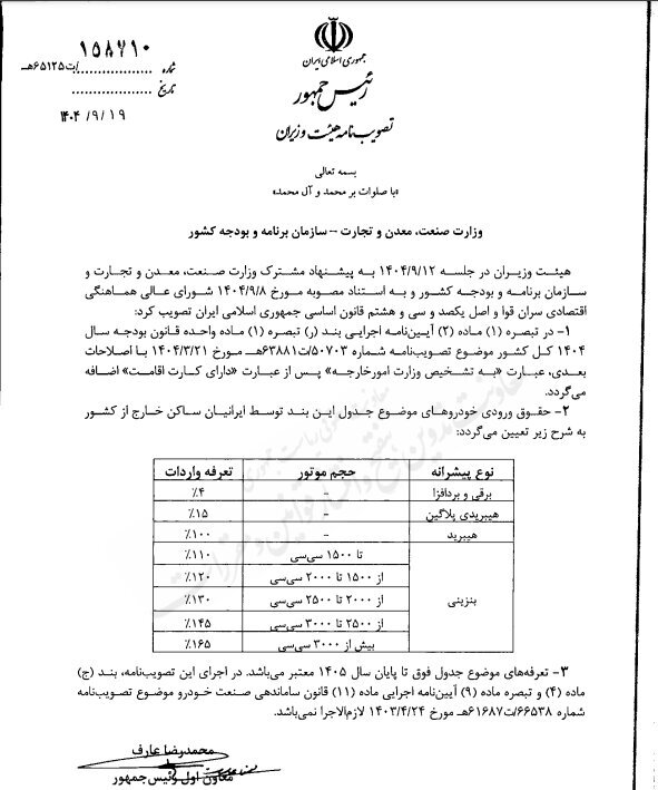 تعرفه خودروهای وارداتی ایرانیان خارج از کشور اعلام شد تعرفه خودروهای وارداتی ایرانیان خارج از کشور اعلام شد
