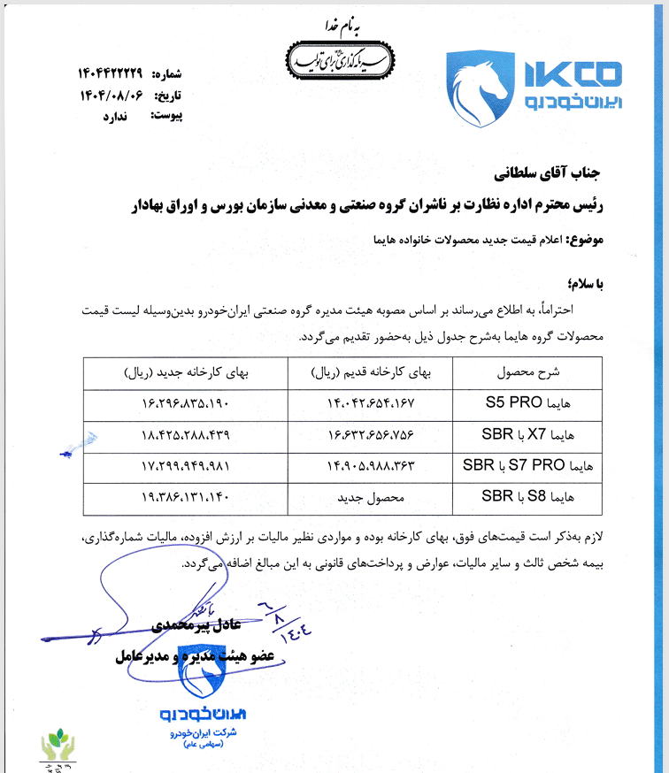 افزایش قیمت کارخانه‌ای برخی خودرو‌ها